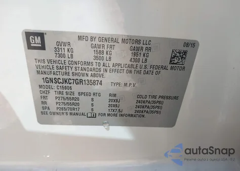 2016 Chevrolet Suburban Ltz из США, поврежденный, VIN 1GNSCJKC7GR135874